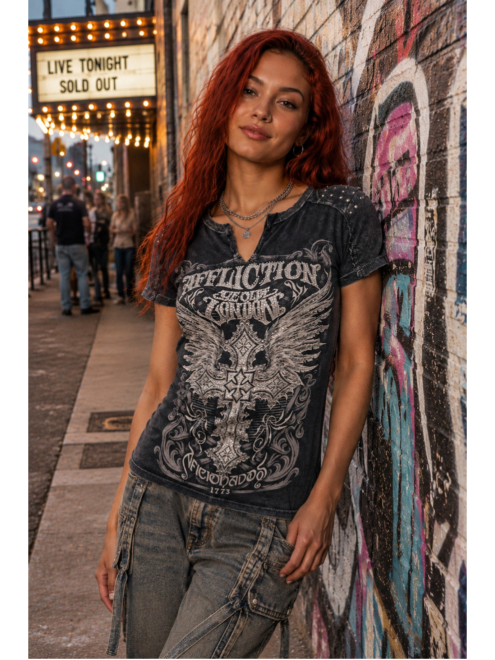 Affliction Y2K Rhinestone Studded Cross Wings Graphic Tee Black Mineral Small